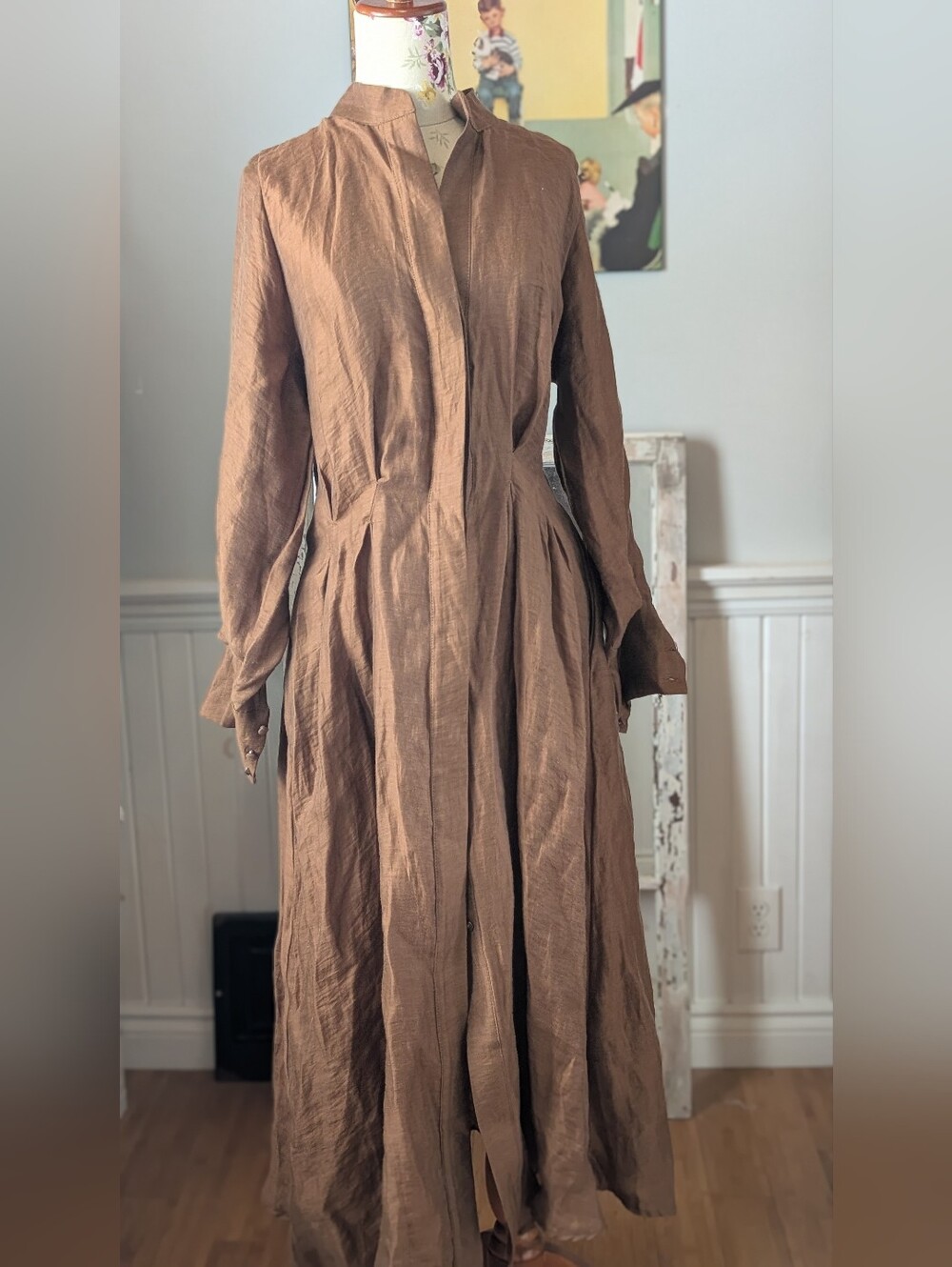 Reserved Linen blend Classic Long-Sleeve Brown Maxi Dress